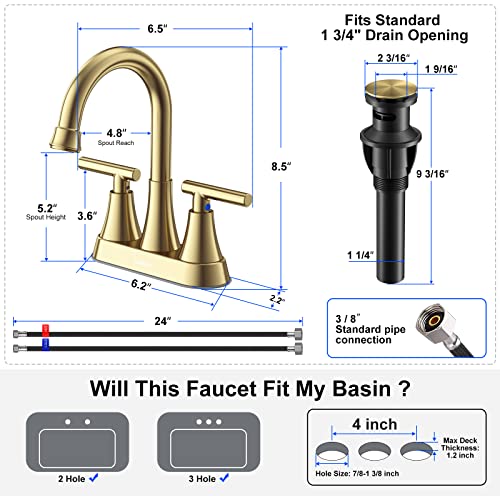 Bathroom Faucets For Sink 3 Hole, Hurran 4 Inch Brushed Gold Bathroom Sink Faucet With Pop-Up Drain And 2 Supply Hoses, Stainless Steel Lead-Free 2-Handle Centerset Faucet For Bathroom Sink Vanity Rv #TOP4