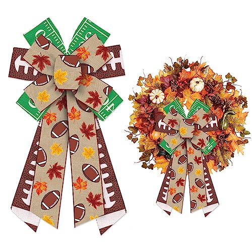 ALIBBON Large Fall Bows for Wreaths, Thanksgiving Wreath Bows, Super Bowl Bows, Green Brown Bows for Front Door, Football Party Supplies Decor, Burlap Bows for Wreath Indoor Outdoor Decor