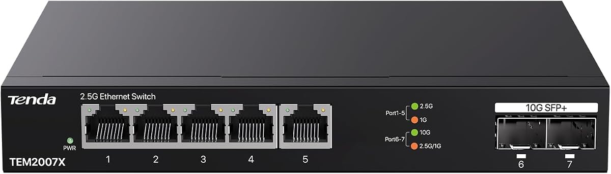 2.5Gb Switch, 7-Port Ethernet Switch, 5 x 2.5G Ports + 2 x 10Gb SFP+ Slots, 50Gbps Switching Capacity, Plug & Play Unmanaged Ethernet Splitter, Fanless Metal Design, for NAS, Gaming PC