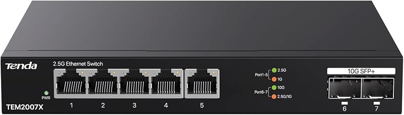 Conmutador de 2,5 Gb, conmutador Ethernet de 7 puertos, 5 puertos de 2,5 G + 2 ranuras SFP+ de 10 Gb, capacidad de conmutación de 50 Gbps, divisor Ethernet no administrado Plug & Play, diseño metálico sin ventilador, para NAS, PC para juegos