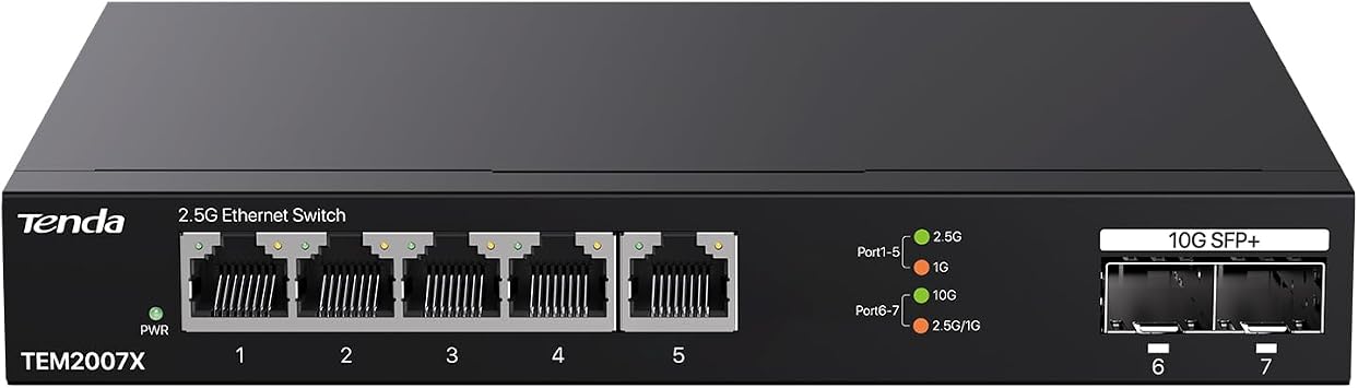 Tenda 2.5Gb Switch, 7-Port Ethernet Switch, 5 x 2.5G Ports + 2 x 10Gb SFP+ Slots, 50Gbps Switching Capacity, Plug & Play Unmanaged Ethernet Splitter, Fanless Metal Design, for NAS, Gaming PC