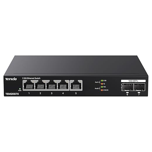 Tenda 5 Port 2.5Gb Switch, Unmanaged, 5 x 2.5G Ports & 2 x 10Gb SFP+ Slots, 50Gbps Switching Capacity, Plug & Play, Desktop/Wall-Mount, Fanless Metal Design
