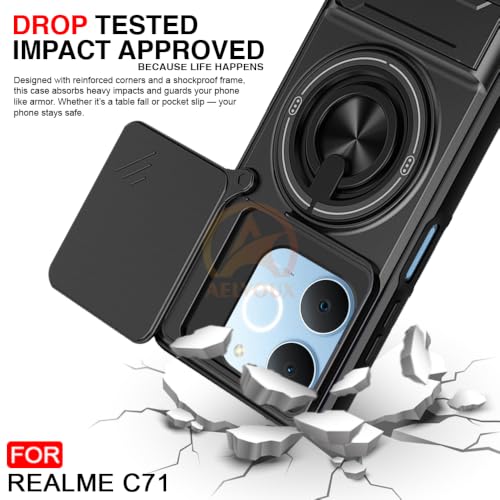 Image of Realme C71 Back Cover | Armor Camera Slider 360 Degree Rotating Finger Ring Holder Case with Bracket Stand Back Case Cover (Compatible with MagSafe Accessories) (Black)