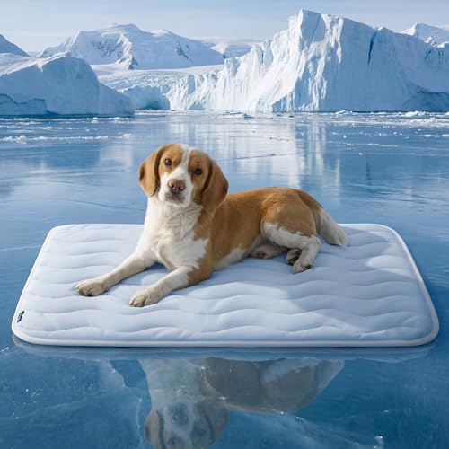 Bedsure Cooling Mat for Large Dogs - Q-Max0.4 Thin Breathable Cooling Crate Pad Indoor for Pet with Chill Cool Fiber and Non-Slip Bottom，Portable Washable Kennel Mat in Outdoor Summer, 35x23, Blue