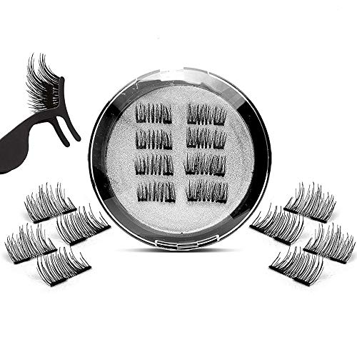 Magnetic Eyelashes Natural Look, 3D Silk Lashes,Half Cover Dual Magnets Handmade Ultra Thin Magnet,Reusable False Eyelashes (8 PC with Tweezers)
