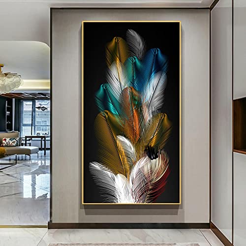 Toile peinture plume bleue moderne aquarelle abstraite 50x100 cm