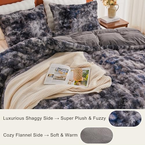Image of EMME Faux Fur Duvet Cover King Size, 3 Pieces Ultra Soft Fluffy Comforter Cover, Cozy Warm for Winter, Luxury Shaggy Bubble Design Bedding, 1 Duvet Cover & 2 Pillow Shams (King, Tie Dye Dark Grey)