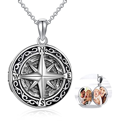 SHEAISRS Compass Locket Necklace That Holds Pictures Photo Keep Someone Near to You Custom Jewelry Personalized Locket Necklace for Men Women Father Son Adjustable Chain