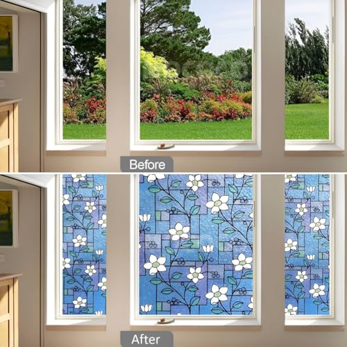 Image of MOCOCO Premium Vinyl Privacy Stained Window Glass Sticker (12x25 Inch) - Self-Adhesive Decorative Film Opaque Sheet Tint Wallpaper for Glass Cover Window, Door, Office, Home.| Anti-UV. Mystic Blue