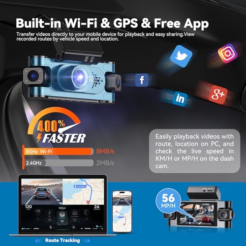 Image of 4K DashCam for Cars,4 Channel Car Dash Cam Front and Rear Inside with Voice Control,5G WiFi GPS, Night Vision, G Sensor, WDR, 24 /7 Parking Mode Free 128G Card Loop Recording (Blue)