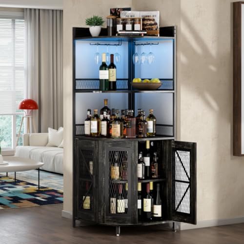 Garvee 5-Tiers Corner Bar Cabinet with Power Outlet,64 in Industrial Tall Wine Cabinet with LED Lights&Glass Holder, Liquor Cabinet with Storage, Corn