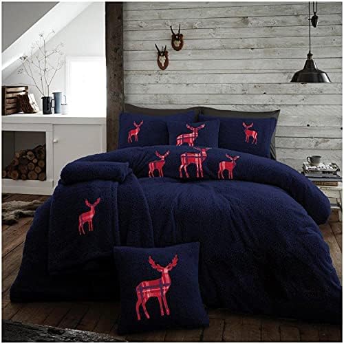 GC GAVENO CAVAILIA Teddy Fleece Duvet Cover Double, Super Soft Stag Bedding Set, Warm Cosy Fluffy Bed Covers For Xmas, Navy
