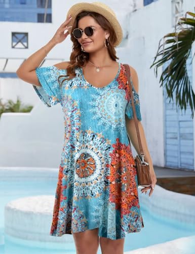 Image of JollieLovin Womens Plus Size Short Sleeve Cold Shoulder V Neck T-Shirt Dress with Pockets