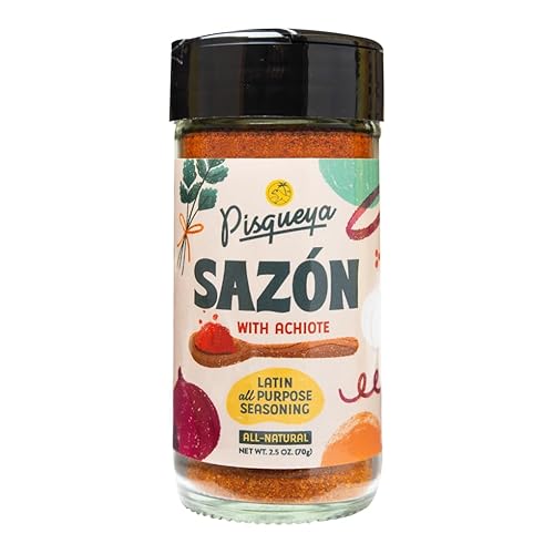 Pisqueya Sazón condimento, hecho con achiote. Añade sabor instantáneo a cualquier plato. Bajo en sodio, sin azúcar, sin MSG, sin OMG, sin