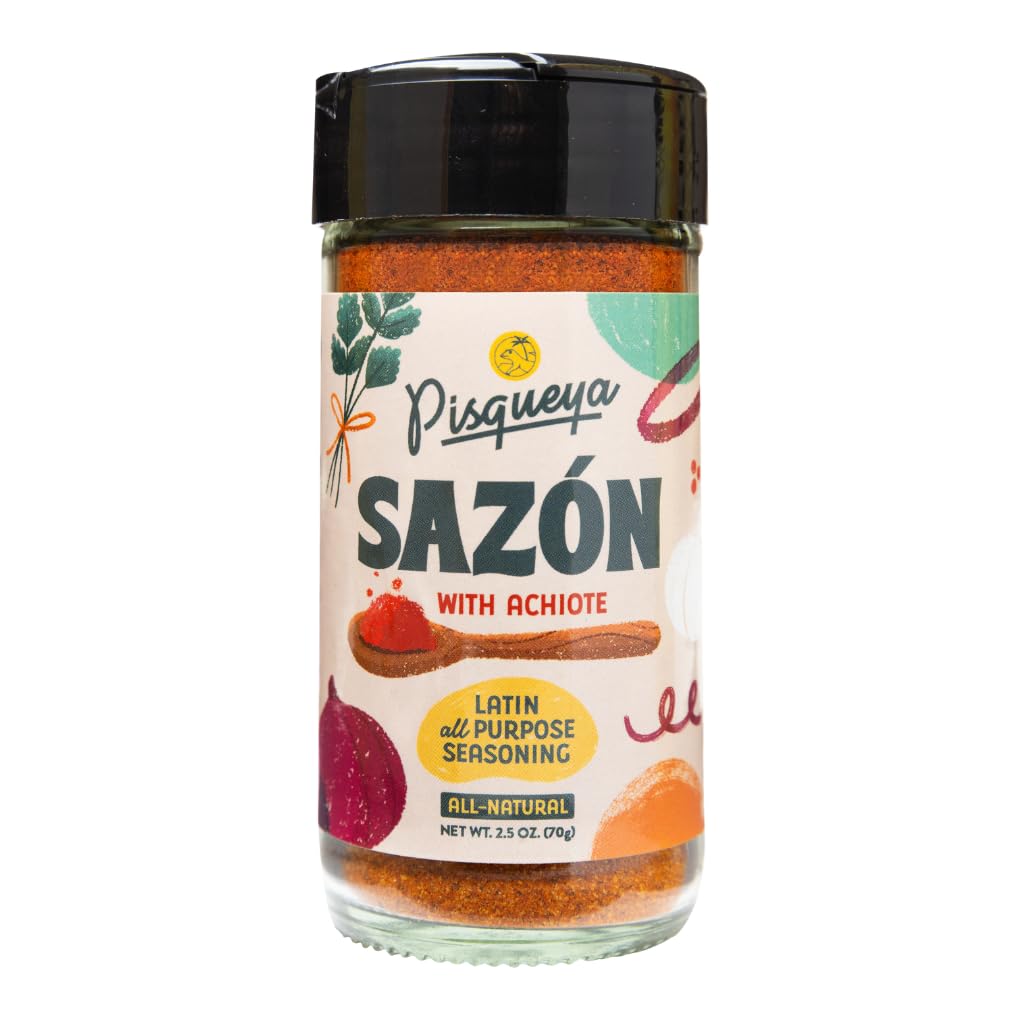 Pisqueya Organic Sazon Seasoning with Achiote - All Natural, Vegan, Gluten Free, No Fillers or Additives, Non-GMO, No Preservatives, No Artificial Coloring, Flavor God Seasoning, 55mg Sodium, 2.5oz, Pack of 1