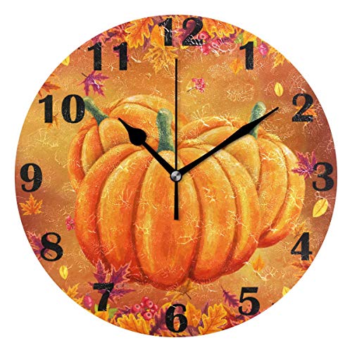 Pfrewn Autumn Pumpkin Maple Lraf Wall Clock Silent Non Ticking Fall Harvest Clocks Battery Operated Vintage Desk Clock 10 Inch Quartz Analog Quiet Bedroom Living Room Home Decor cover