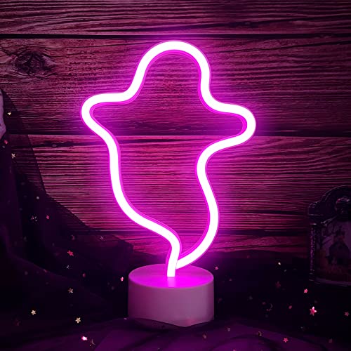 Image of Halloween Ghost Neon Sign With Base Pink Led Light Sign for Wall Decor