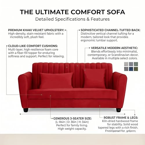 Image of Velvet 2 Seater Sofa, Chesterfield Tufted Sofa with Nailhead Trim, Rolled Arm Sofa with Wood Legs for Living Room & Office | RED