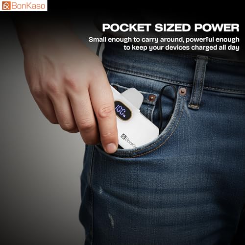 Image of BonKaso 5000mAh Mini Power Bank 22.5W PD Fast Charging, USB-C Type-C Input /Output, Built-in i5 Cable, Digital LED Display, Compact Pocket Portable Charger for iPhone & Android - White
