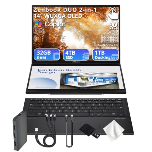 Image of ASUS Zenbook Duo 2-in-1 14 inch WUXGA OLED AI Touchscreen Laptop, Intel Ultra 9-285H, 32GB LPDDR5X, 5TB Storage (4TB SSD&1TB Dock), Intel Arc 140V, Magnetic Backlit Keyboard, Light, Wi-Fi 7, Win 11, Gray