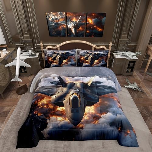 Fighter Aircraft Kids Comforter Sets Full Size,War Themed Military Airplane Bedding Comforter Sets,3D Print Cloud Flame Quilt Sets for Boys Adult,Dark Gray Duvet Insert with 2 Pillowcases