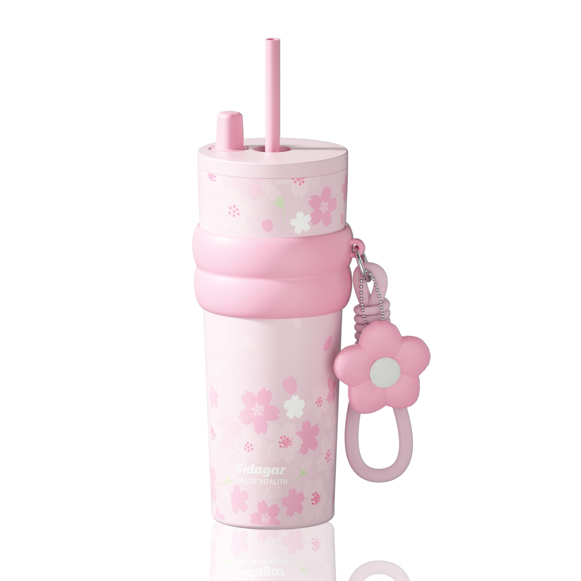24 oz Stainless Steel Tumbler with Lid and Straw, Insulated Water Bottle Leak Proof for Hot and Cold, Portable Travel Coffee Mug, Reusable Coffee Cup for Women, Sakura Dream