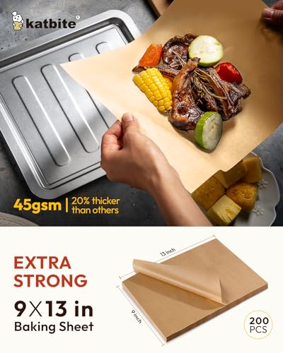 Image of Katbite 200Pcs 9x13 inch Heavy Duty Unbleached Parchment Paper, Parchment Paper Sheets for Baking Cookies, Cooking, Frying, Air Fryer, Grilling Rack, Oven(9x13 Inch)
