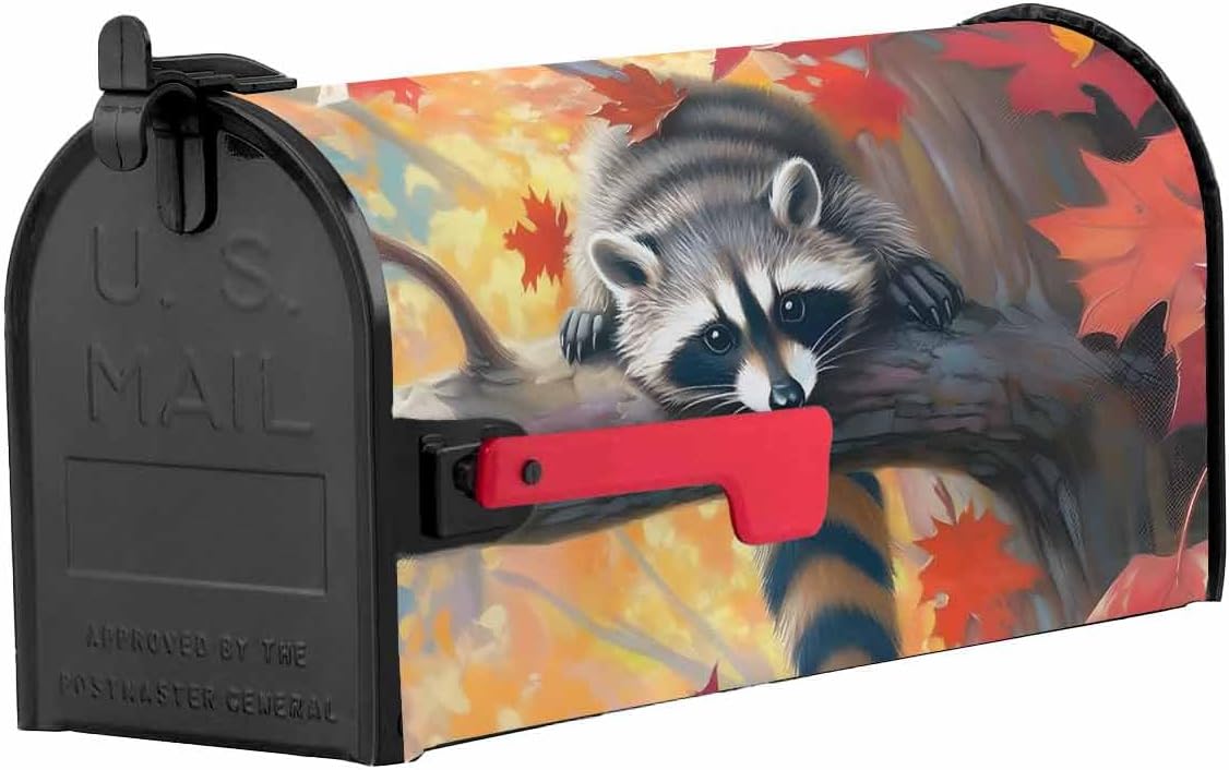 Mailbox Covers Magnetic Standard Size 18.5x21.7In Outside Mailbox Decoration Fall Maple Leaf Forest Mischievous Brown Raccoon Magnetic Postbox Covers Wrap for Garden Yard Home