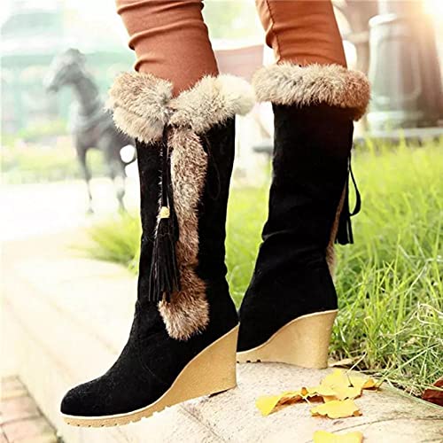 Hbeylia High Heels Fuzzy Winter Snow Boots For Women Fashion Casual Boho Suede Tassels Pluffy Fur Thermal Wide Calf Boots Bohemian Furry Fringe Lace Up Warm Dress Tall Boots For Ladies Girls Christmas3