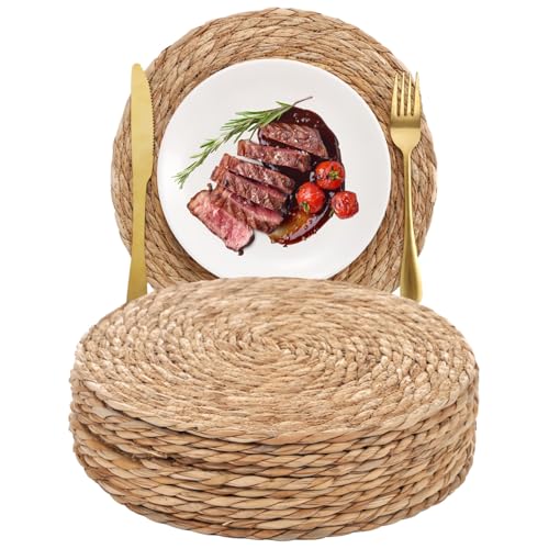 10 Pcs Round Woven Placemats Set, 30 cm Wicker Table Placemats, Natural Seagrass Color, Heat-proof Table Mats, Rustic Decor for Dining Tables Weddings