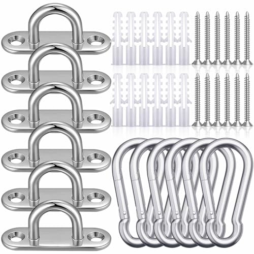 M5 Gancho Techo de Acero Inoxidable,6 Piezas Anclaje Pared Ganchos Placa de Ojo y Mosquetón,Forma U Ganchos Placas Oculares con Ojal para Fijación de Pared Colgar Anclajes con Tornillos Montaje