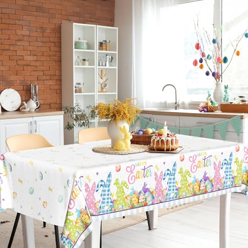 Image of 2 Pack Easter Tablecloth, 54 inch x 108 inch Easter Decorations, Rectangular Spring Tablecloths for Party Supplies, Colorful Eggs Bunny Flower Disposable Plastic Table Cloths for Easter Decorations for Home