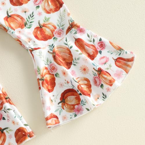 Image of Toddler Girl Halloween Outfits Pumpkin Print Top Flared Pants | Pumpkin Letter Embroidery Crewneck Sweatshirt + Flare Pants; 70% cotton, 22% polyester, 8% elastane Top; Sizes 12M-5T