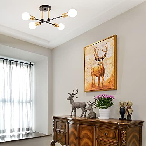XZHGCEE Semi Flush Mount 4 Light Ceiling Light Black and Gold with E27 Base Modern Chandelier for Farmhouse Kitchen Dining Room Bedroom Study Living Room