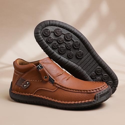 WOWSTICK Men's Slip on Hand-Stitched Leather Loafers, Lightweight Comfort Casual Ankle Chukka Walking Shoes3