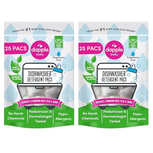 Image of Dapple Baby Dishwasher Pacs, Hypoallergenic Dishwasher Pods Powered by Plants, Removes Milk Residue & Odor on Dishes, Baby Bottles & Kitchenware, Fragrance Free, 25 Count (Pack of 2)