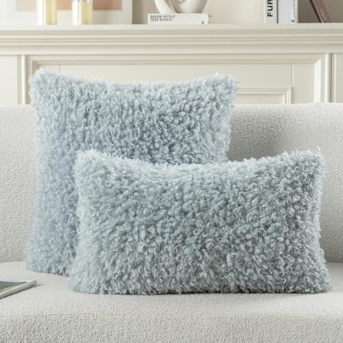 FUTEI Light Blue Decorative Throw Pillow Covers 20x20 Inch Set of 2,Soft Fluffy Faux Wool Fur Boucle Textured Cushion Case,Modern Home Decor for Couch Bed Living Room Office
