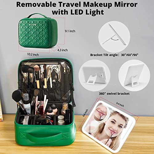 Omobolanle Makeup Bag With Mirror Led Light Detachable Portable Make Up Travel Train Case With Adjustable Dividers And 10X Magnifying Mirror Green #TOP1