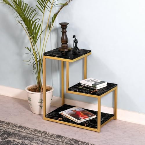 Image of 3 Tier Sofa Side Table, Modern Coffee Table Nightstands with Metal Frame and White MDF Desktop for Living Room Bed Room Decor (Golden Black)