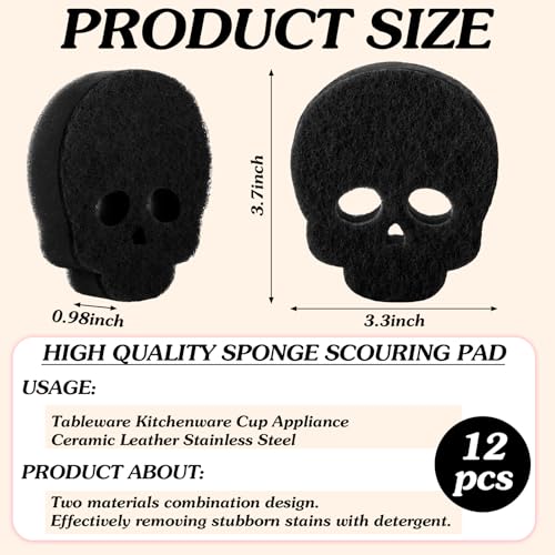 Image of Tioncy 12 Pack Skull Sponges Bulk Gothic Dual Sided Scrubber Black Skull Sponges Reuseble Non Scratch Dishwashing Kitchen Cleaning Accessories for Cookware Pot Boiler Pan Household