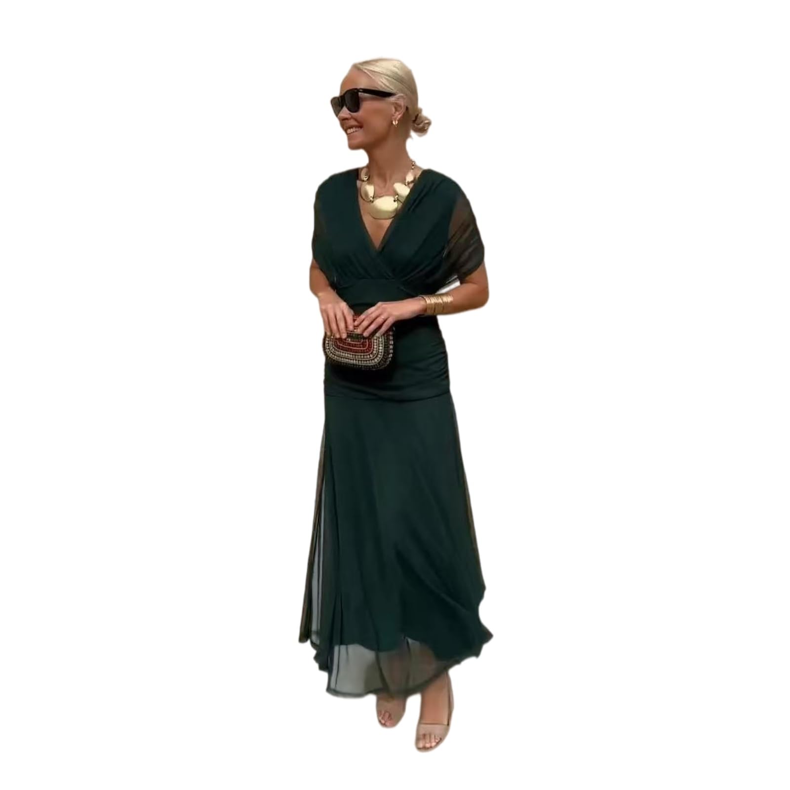 Vestito Donna Stile Francese Mesh Midi Abito V Collo Fuori Spalla Stampato Impiccato Elegante per Le Vacanze, Festa-Green-l