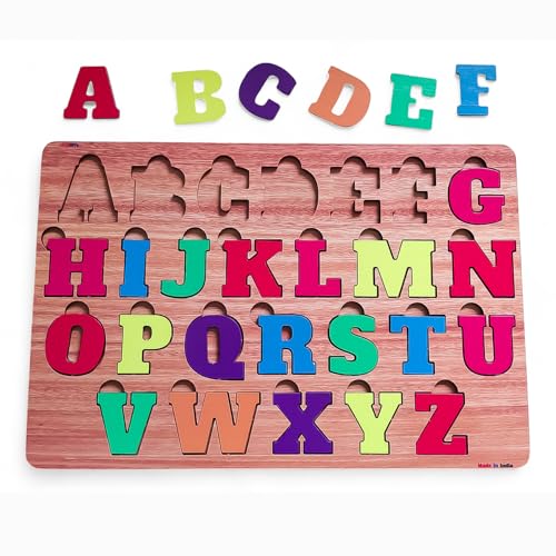 Image of Fiddlys Wooden Educational Jigsaw Puzzles for Toddlers & Preschoolers, Double Layered Wooden Puzzles with Bright Front & Back Print Alphabet Shapes and Numbers Learning, Toy (Alphabet)