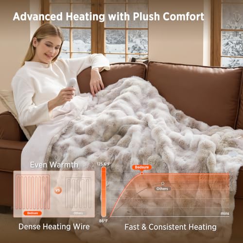 Image of Bedsure Fluffy Bubble Faux Fur Heated Blanket Electric Throw, Tie-dye Beige