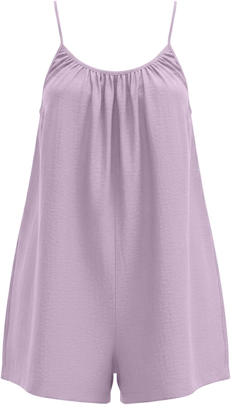 Linen Rompers for Women Casual Sleeveless Halter Short Overalls Spaghetti Strap Shorts Jumpsuit with Pockets - Image 5