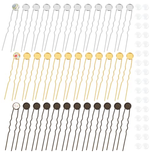 UNICRAFTALE 36 juegos de horquillas en forma de U de 3 colores, bandeja redonda de bisel en blanco, horquillas para el pelo con cabujones de cristal, bandeja de 12 mm, horquillas para el pelo de 78 mm