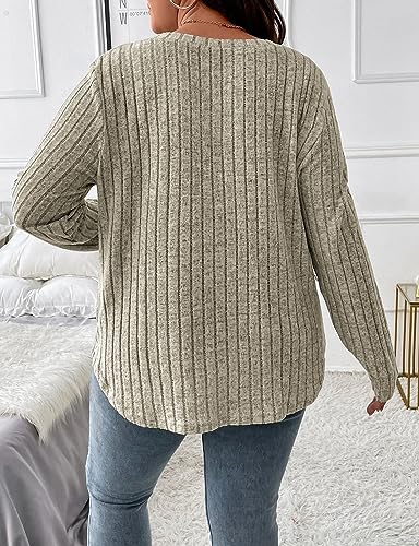 Image of Koscacy Women Plus Size Casual Knit Sweater V Neck Solid Color Tops Lightweight Long Sleeve Blouses