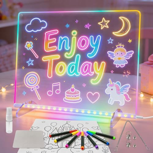 LED Note Board with Colors, 13.7"X10" 6 Modes & 8 Colors Acrylic Dry Erase Boards with Light, Led Drawing Board for Kids with Stand,Birthday Holiday Day Gifts for Girls & Boys Age 3+
