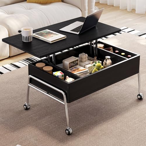 Guyii Couchtisch höhenverstellbar mit Stauraum, multifunktionaler Wohnzimmertisch höhenverstellbar, Lift-Top Couchtisch mit Fächern und Rollen, moderner Tisch für Wohnzimmer