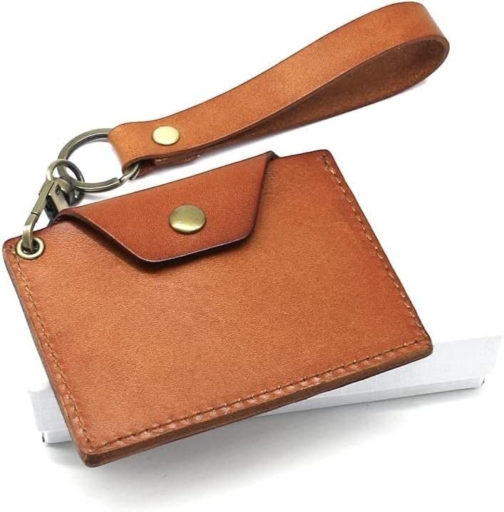 Porta tarjetas de identificación, Fundas de tarjeta de identificación refinadas for trabajo de oficina, estuche protector de tarjeta de identidad de cuero genuino, billetera con cordón retráctil, etiq