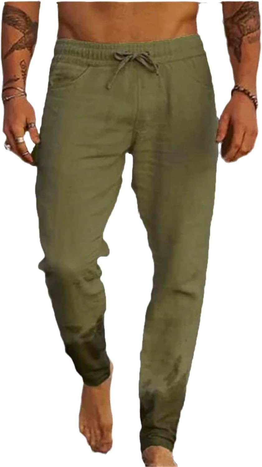 evzosrz Men's Cotton Linen Pants Casual Lightweight Loose Fit Elastic Waist Trousers Beach Yoga Solid Harem Long Sweatpants